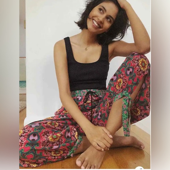 Anthropologie Floral Geometric Jogger Lounge Boho Harem Pants Pink Large - Picture 2 of 5